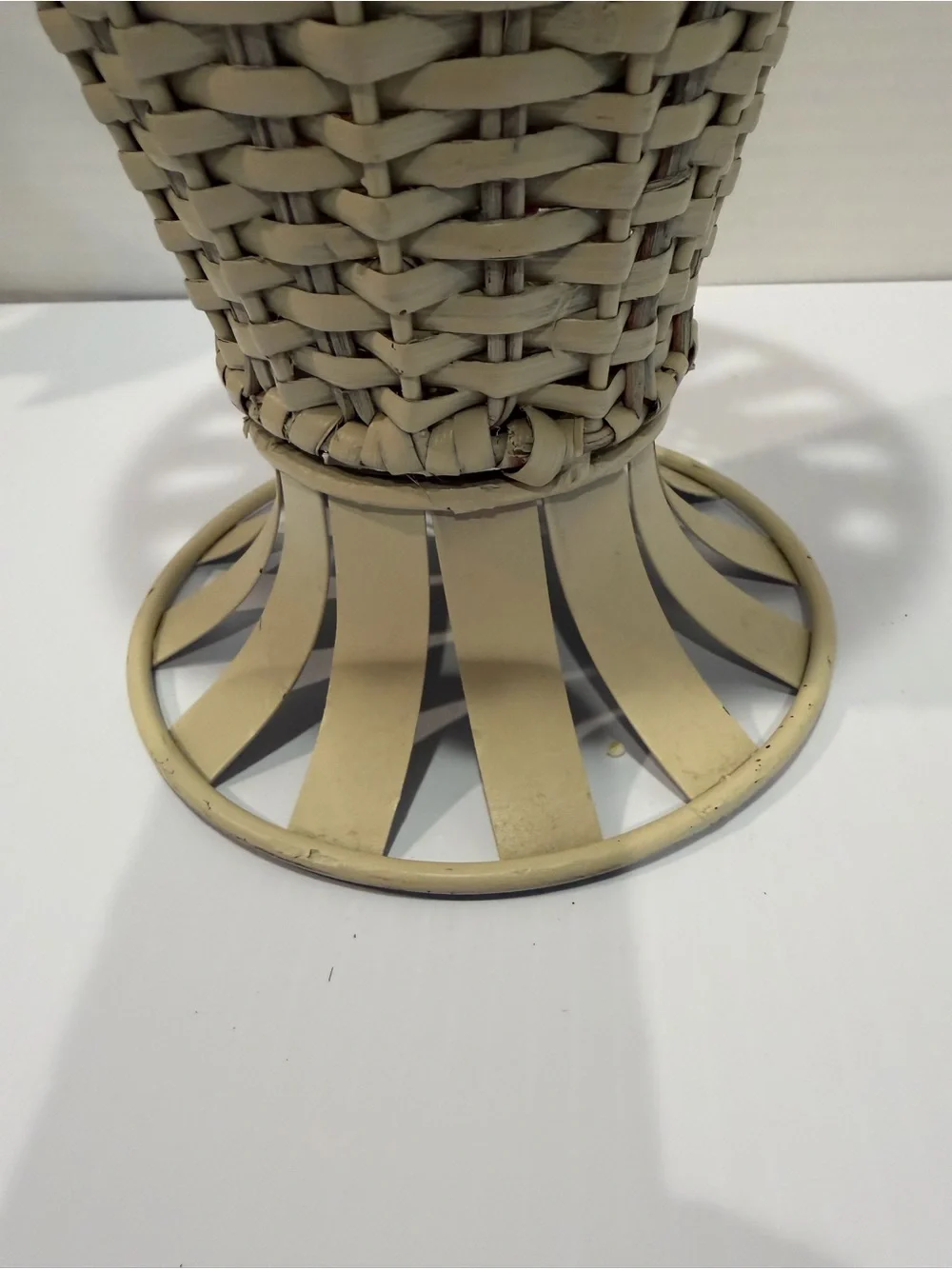 Tall Ivory Colored Metal & Wicker Vase 15” Tall Metal Scrollwork Top/Base